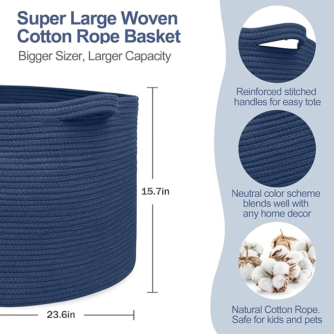 MEGASKET 115L Dark Blue Basket for Organizing, 23.6" x 15.7" XXXL Woven Cotton Rope Laundry Basket, Oversized Blanket Storage