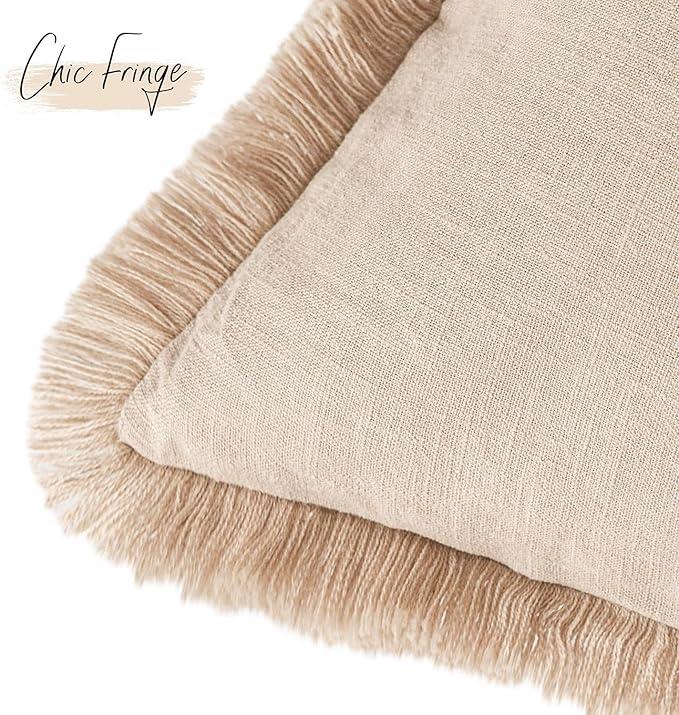 Foindtower Set of 2 Decorative Linen Fringe Lumbar Throw Pillow Covers Boho Farmhouse Cushion Cover with Tassels Soft Accent 
