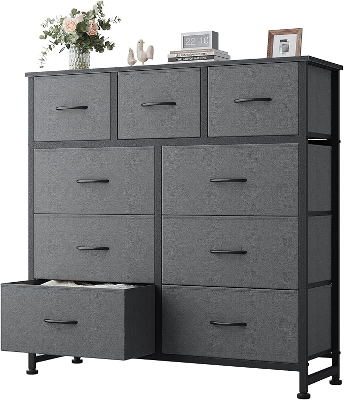 DUMOS Dresser for Bedroom, Dressers & Chests of Drawers Dresser Organizer, Wood Top Table Furniture with 9 Fabric Storage Tow