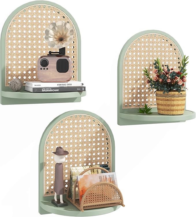 Rattan Wall Shelf Set of 3, 7''Green Rattan Shelves with Wicker Decor, Boho Decor Small Floating Shelves for Wall, Arched She