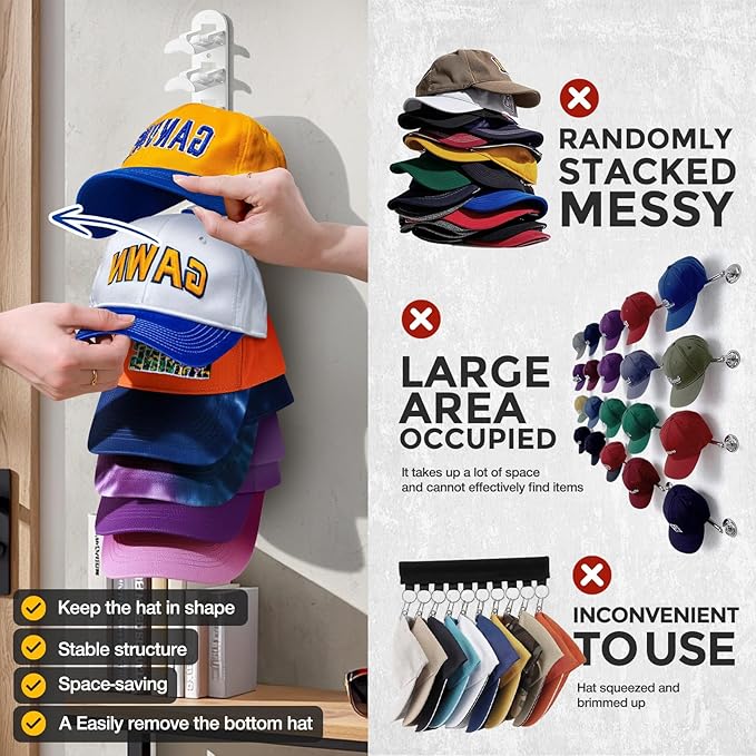 Hat Hook for Wall, 2 Pack Hat Organizer Hold up to 20 Hats,Hat Holder with Strong Adhesive and 8 Pack Screws, Cap Holder Hat 