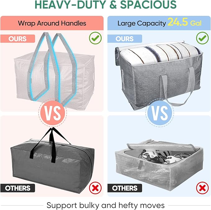 BALEINE 4-Pack Oversized Moving Bags with Reinforced Handles, Heavy-Duty Storage Tote for Clothes, Moving Supplies (Winter Gr