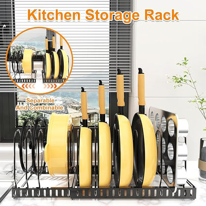 Pot and Pan Organizer Rack for Cabinet, 3 Expandable Pot Lid Organizer Holder with 12 Adjustable Compartment for Kitchen Cutting Board, Pan Lid, Cabinet Cookware Baking