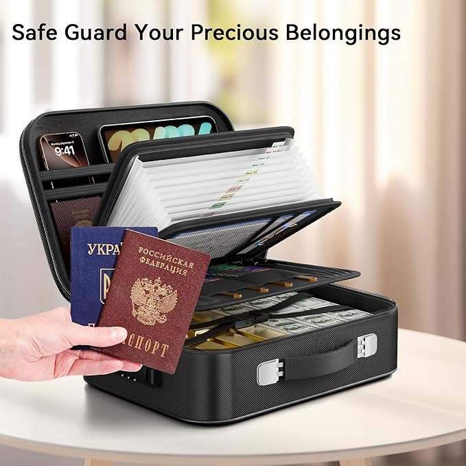 Fireproof Document Box, Hard Case Fireproof Box with Lock, Portable Hard-Shell Fireproof Water Resistant Document Safe for Im