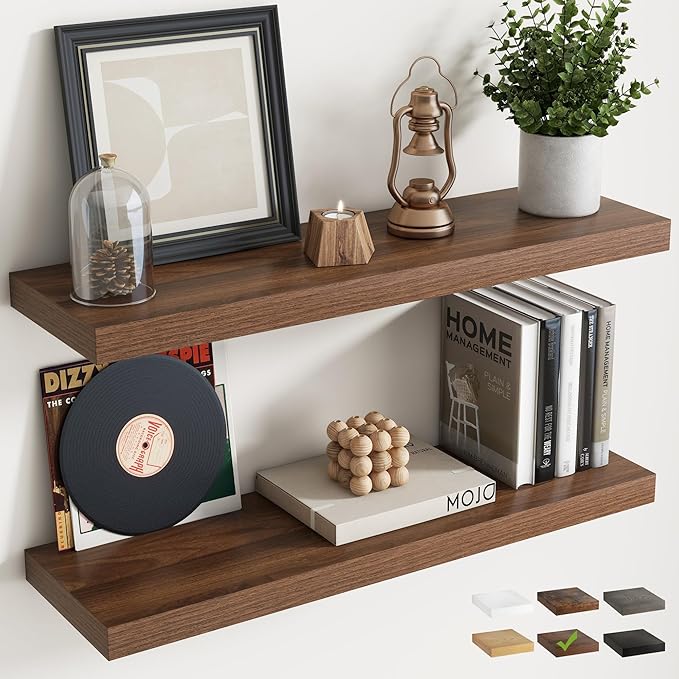 32 Inch Floating Shelves for Wall Set of 2, 8"D Wood Grain Bathroom Shelves with Invisible Brackets, Easy Install Engineered 