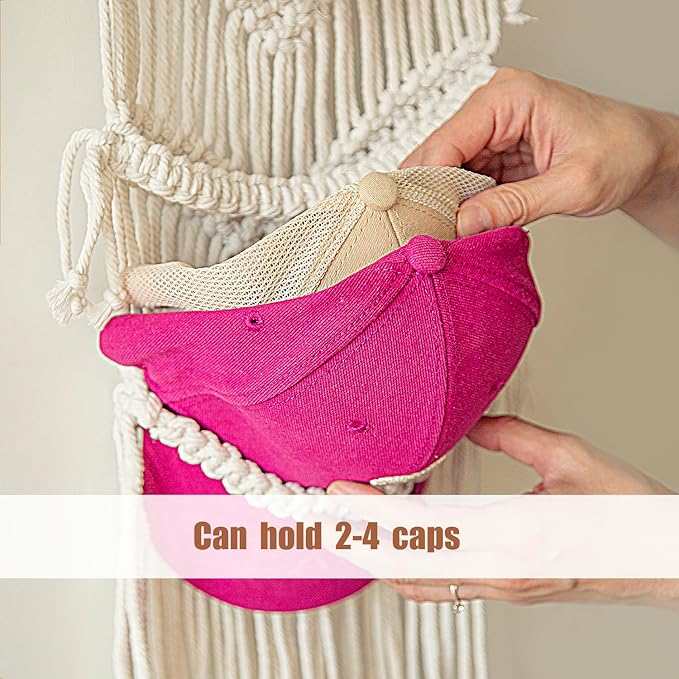 jontell Boho Baseball Cap Hanger-1 Pack-Macrame Hat Organizer for Ball Caps Holder Over Door, Hat Rack for Wall, Cap Rack for
