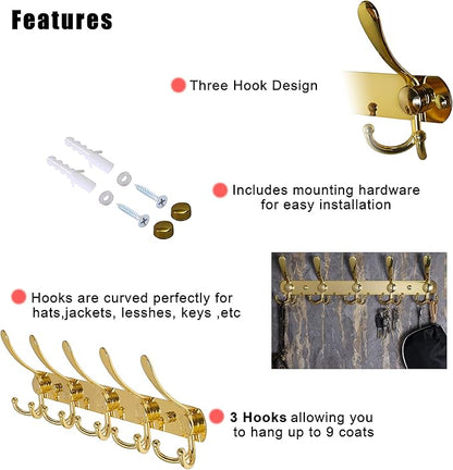 Dseap Coat Rack Wall Mounted - 5 Tri Hooks, Heavy Duty, Stainless Steel, Metal Coat Hook Rail for Coat Hat Towel Purse Robes 