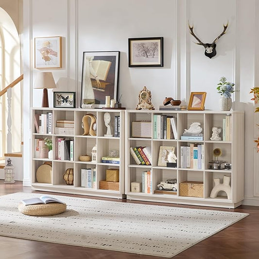 Joaxswe 12 Cube Storage Organizer, 41" Large Bookshelf with Curved Edge, Wood Floor Standing 3-Tier Cubby Bookcase w/Base, Mo