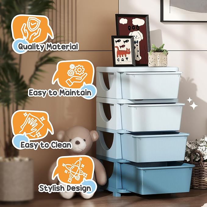 Qaba 4 Tier Kids Storage Unit, Toy Organizers and Storage with 4 Drawer Chest for Kids Bedroom Nursery Kindergarten Living Ro