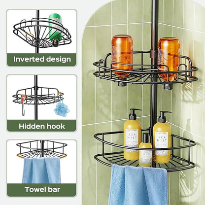 HAMITOR Corner Shower Caddy Tension Pole: 4-Tier Rust-Resistant Adjustable Bathroom Organizer Shelves - 47-121 Inch No-Drill 