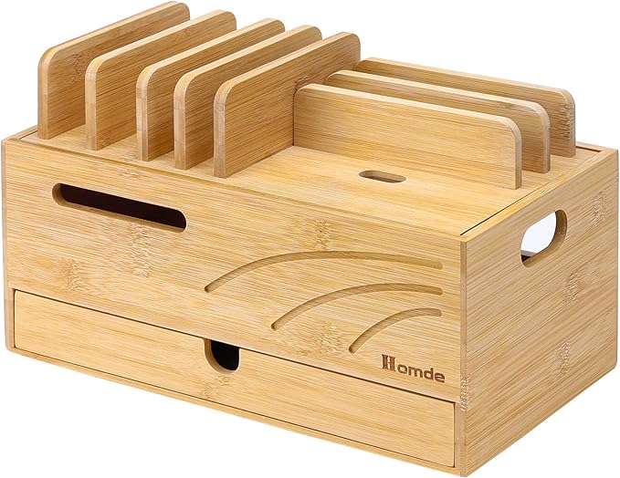 Homde Natural Bamboo Charging Station Rack for Multiple Devices Cable Cord Management Box Organizer Holder with 6 Slots Drawer for Chargers Phones Tablets Watches Electronics (Natural)