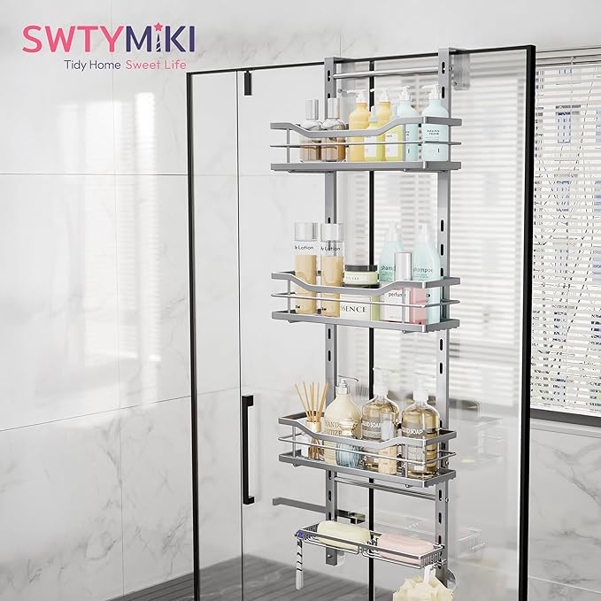 SWTYMIKI Over the Door Shower Caddy - 4 Tier Adjustable Shower Organizer Hanging with Soap Holder, No Drilling Stainless Stee