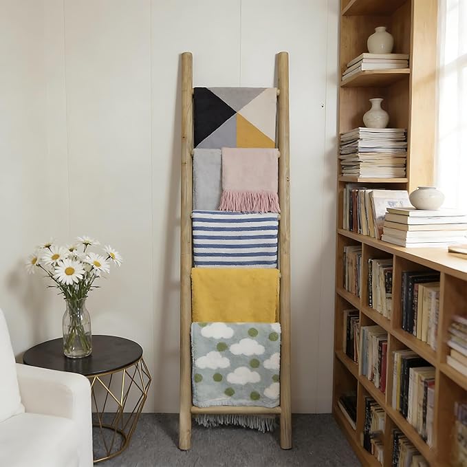 Wooden Blanket Ladder - 76in Natural & Motley Wood - Leaning Wall Decor for Bedroom, Bathroom, Living Room - Rustic Quilt Hol