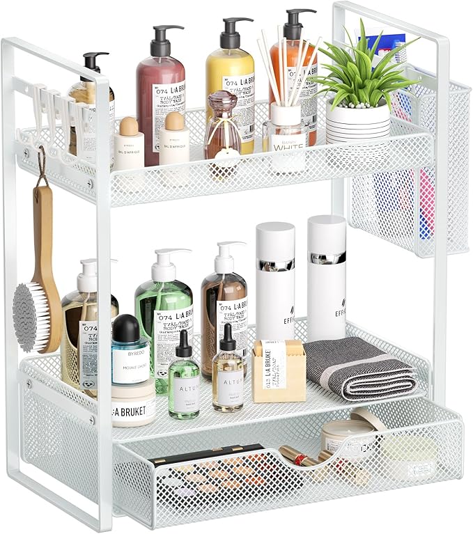 VITVITI 2 Tier Bathroom Organizer Countertop with Drawer, Metal Mesh Bathroom Counter Vanity Organizer Storage, Bath Room She