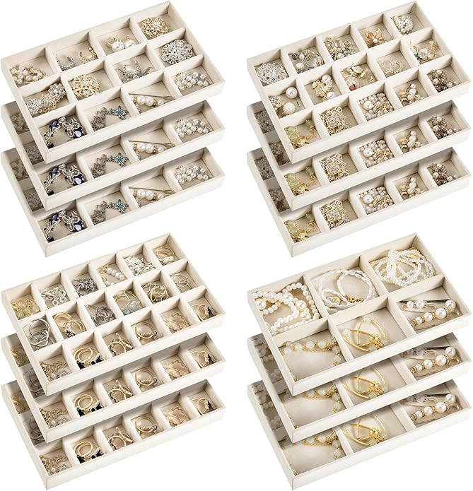 Junkin 12 Pcs Jewelry Tray Velvet Stackable Jewelry Organizer Trays Divided Earring Accessories Storage Containers Box (Rose 