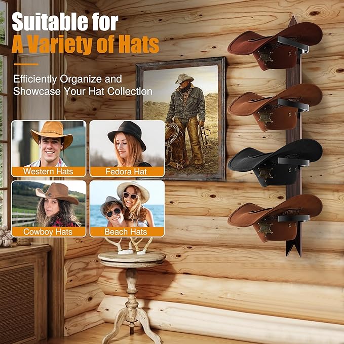 Cinati Cowboy Hat Rack Wall Mount - Wooden Western Rustic Metal Hanger With Arrow Sign Board - Holds up to 4 Hats, Fedora, Su