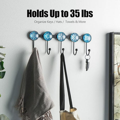 Boho Coat Rack Wall Mounted with 5 Hooks, Glacier Theme Mandala Pattern Decorative Wall Hooks for Hanging Hat, Key, Towel, Pu