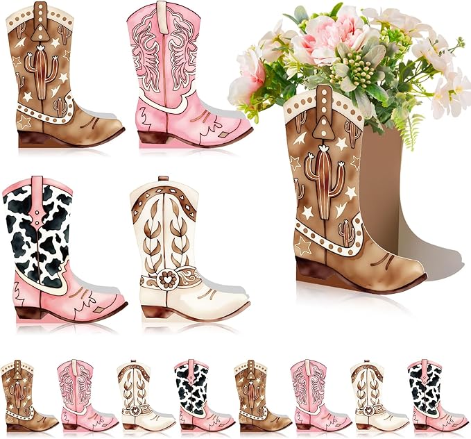 12 Set Western Boots Flower Boxes Centerpiece Boot Shape Gift Boxes Party Decoration Vase Centerpieces for Tables Boots Rodeo Birthday Baby Shower Supplies(Western Pink,Cowgirl Cow)