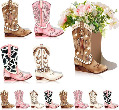12 Set Western Boots Flower Boxes Centerpiece Boot Shape Gift Boxes Party Decoration Vase Centerpieces for Tables Boots Rodeo Birthday Baby Shower Supplies(Western Pink,Cowgirl Cow)