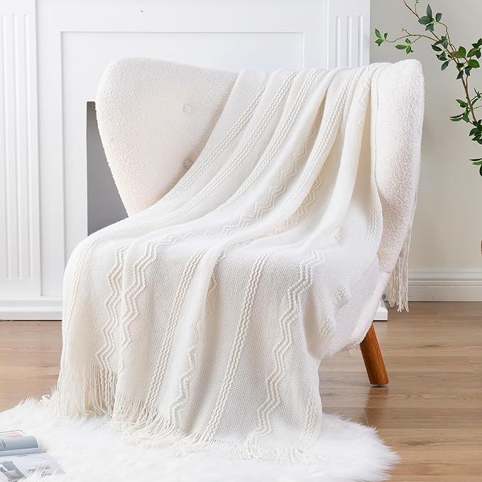 BATTILO HOME Cream Throw Blanket for Couch, Bedroom Decor Boho Throw Blanket, Decorative White Blanket Throw for Sofa Living 