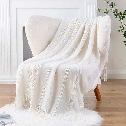 BATTILO HOME Cream Throw Blanket for Couch, Bedroom Decor Boho Throw Blanket, Decorative White Blanket Throw for Sofa Living 
