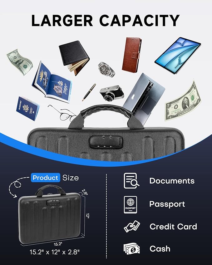 DOZAWA Fireproof Document Box, Hard Case Document Organizer with Lock, 13 Pockets Accordion File Folder with Reflective Strip
