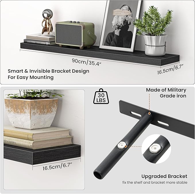 Heimlove 36 Inch Floating Shelves for Wall,Mounted Storage & Display Wood Shelves with Invisible Brackets,Hanging Shelf for B