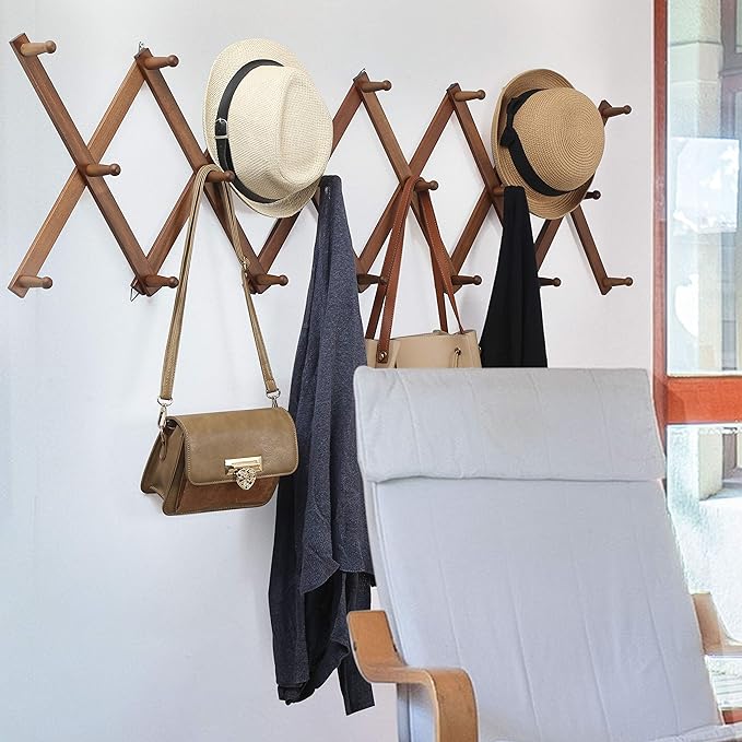 WEBI Accordion Wall Hanger,Expandable Wooden Coat Rack,Accordion Hat Rack for Wall,Accordion Hook Rack for Hats,Caps,20 Peg H