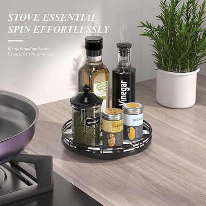 Black and White Kitchen Lazy Susan Turntable – Checkered Round Decorative Tray, 9" Table Top Oak Wood Lazy Susan for Cookies,