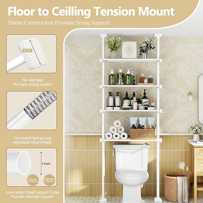 Bonpally Over The Toilet Storage Shelf, 4-Tier Adjustable Bathroom Organizer, No Drill Tension Mounted Shelves Metal, Space-S