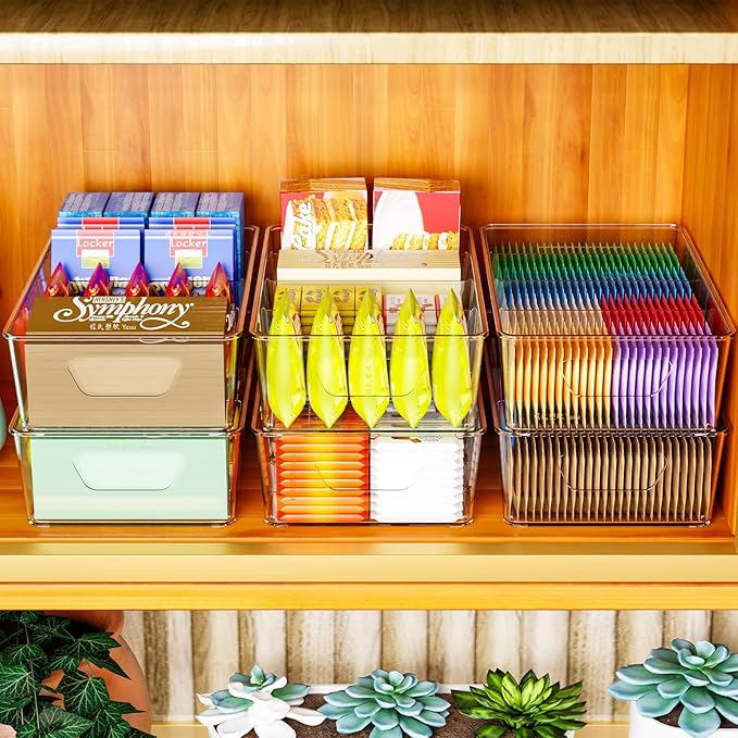 Stackable 6 Pack Snack Organizer for Pantry Shelf,Clear Pantry Organizers and Storage Bins for Fridge,Office,Cupboard,Plastic