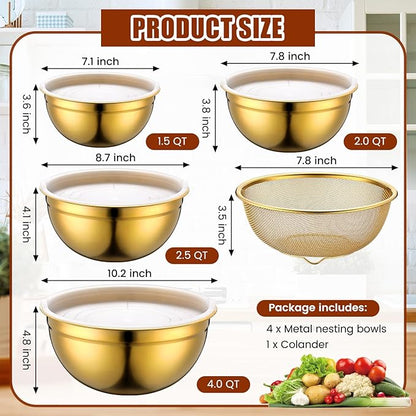 Teenyyou Gold Mixing Bowls with Airtight Lids Stainless Steel Mixing Bowl Set of 5, 4 Metal Nesting Organizers 4 in 1 Colander Non-slip Bottom Size 1.5, 2.0, 2.5, 4.0 Qt for Baking Serving Food