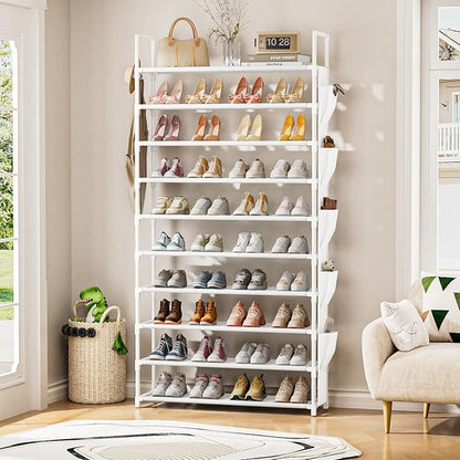 LUKYTOWER Tall Shoe Rack 10 Tier Shoe Racks Organizer for Closet 40-45Pairs,Large Capacity Storage Rack for Shoes with 5Hooks