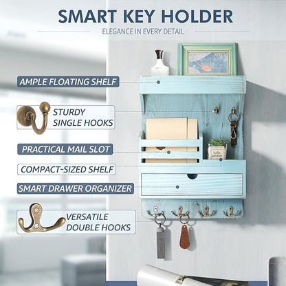 Rebee Vision Farmhouse Key Holder Wall Mount with Drawer Organizer – Pine Wooden Mail & Key Organizer with 6 Sturdy Hooks & F