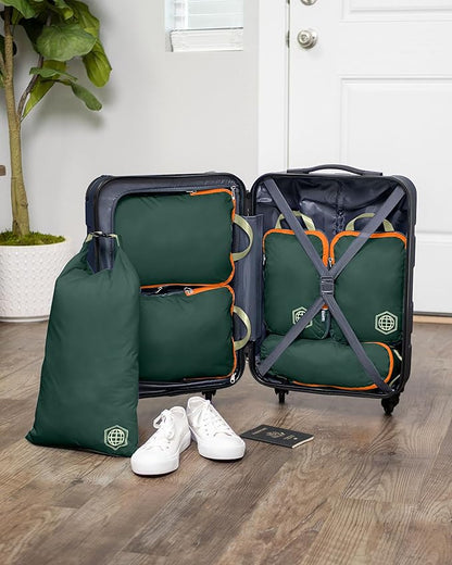 TRIPPED Compression Packing Cubes — 6-Piece Carry-On Set | 2 XL (14"×10"×4") + 2 Small (10"×7"×4") + Sleeve + Laundry Sack | Ripstop Nylon | Green and Orange