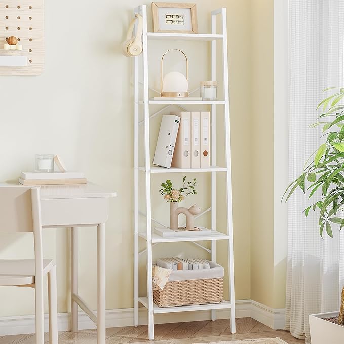 Hzuaneri Ladder Shelf, Bookshelf Bookcase, Freestanding Corner Storage Shelve with 2 Hooks for Home Office, Living Room, Kitc