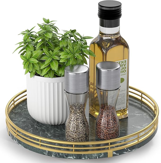 Green Marble Lazy Susan Turntable for Table Top – 10” Round Marble Tray Organizer for Dining Table, Kitchen Countertop & Bar,