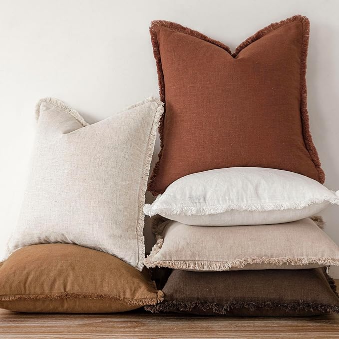 Foindtower Set of 2 Decorative Linen Fringe Throw Pillow Covers Farmhouse Cushion Cover with Tassels Soft Accent Pillowcase f