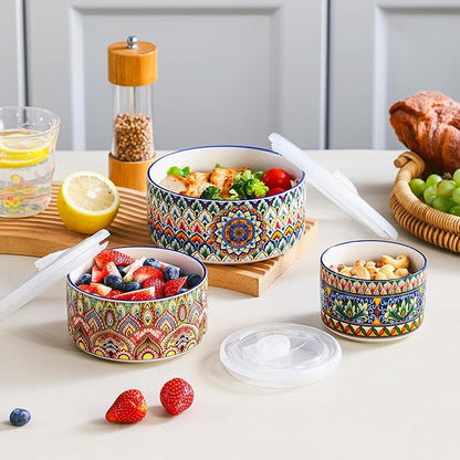 Henten Home Ceramic Serving Bowls with Lid, Colorful Nesting Bowl Set of 3, Porcelain Boho Bowls for Prep, Food Storage, Meals, Micreowave & Dishwasher Safe, 10/20/32 oz