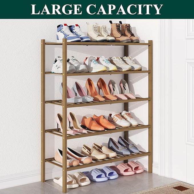 Smiry Bamboo Shoe Rack for Closet, 5 Tier Wooden Stackable Shoe Organizer, Free Standing Shoes Storage Shelf for Entryway, Fr