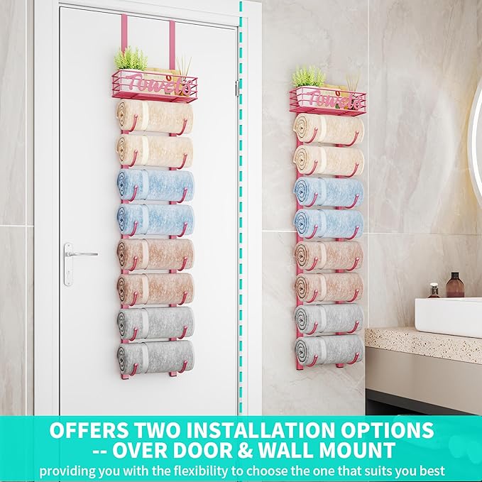 HapiRm Towel Racks for Bathroom Storage - 9 Tier Over The Door & Wall Mount Rolled Towel Storage Organizer Holder with Metal 