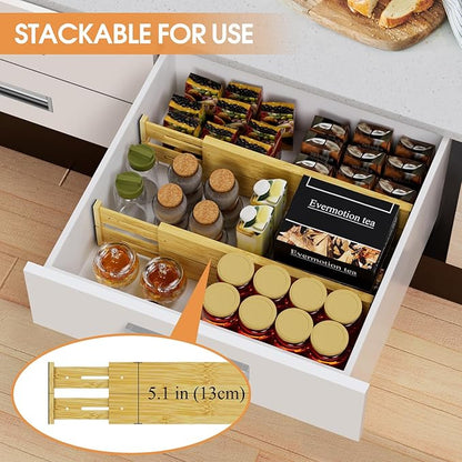 Bamboo Drawer Dividers,17-22" Adjustable Kitchen Drawer Organizer for Clothes,6 Pack Expandable Drawer Organization Separator