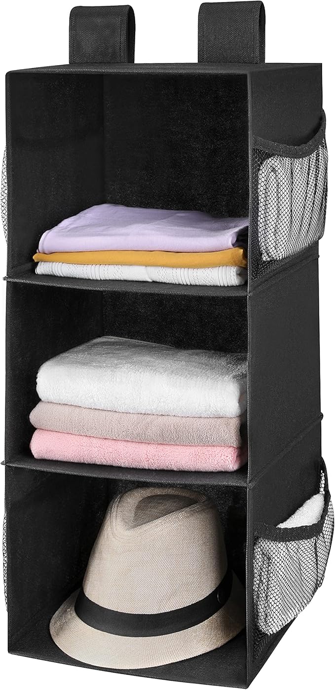 MAX Houser 3-Shelf Hanging Closet Organizers, Collapsible Closet Hanging Shelves for Camper, Nursery Hanging Organizers, Blac
