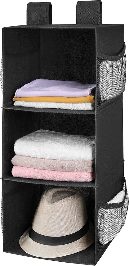 MAX Houser 3-Shelf Hanging Closet Organizers, Collapsible Closet Hanging Shelves for Camper, Nursery Hanging Organizers, Blac