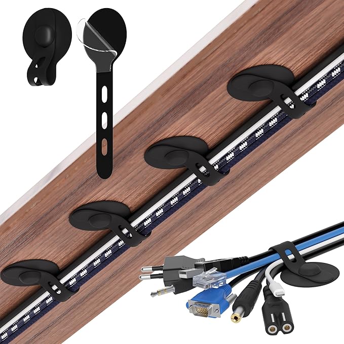 Nearockle Cable Management Under Desk, Adjustable Self-Adhesive Silicone Cable Ties Cord Organizer, Reusable Heavy-Duty Cord Holder Under Table for Office, Home, School (30Pcs-Black)