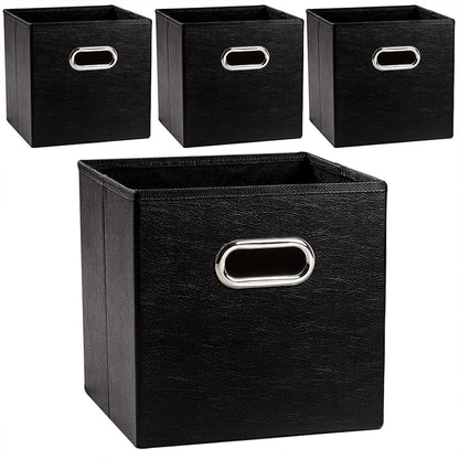 PRANDOM Leather Foldable Cube Storage Bins 11x11 inch [4-Pack] Fabric Storage Baskets Cubes Drawer with Cotton Handles Organi