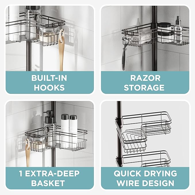 Zenna Home Tension Pole Shower Caddy Corner Organizer, Adjustable Standing Shower Caddy with 4 L-shaped Baskets and Hooks, Ru
