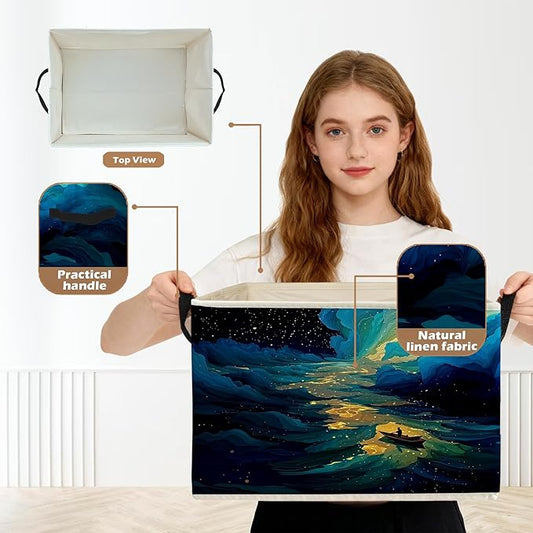 Dreamy Starry Sky Night Storage Box Bins, Blue Fantasy Galaxy River Boating Collapsible Storage Basket Organizer for Bedroom 