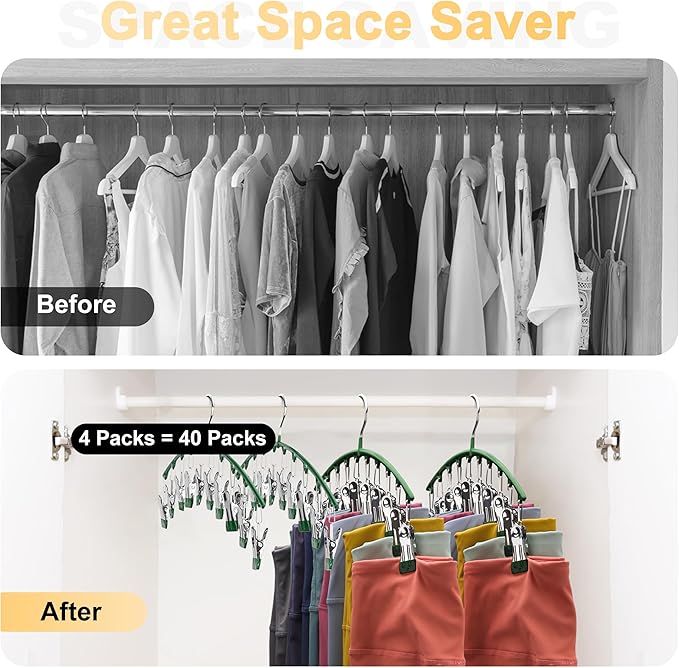 Legging Organizer for Closet, Metal Yoga Pants Hangers 4 Pack w/10 Clips Holds 40 Leggings, Space Saving Hanging Closet Organ