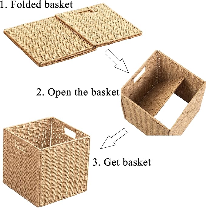 Foldable Storage Baskets with Handles Paper Rope Storage Baskets Rectangle Collapsible Hand Woven Storage Cubes Bins for Orga